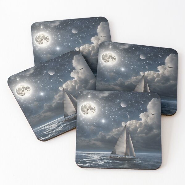 Item preview, Cosmic Fantasy Ocean Sailboat with Twin Moons and Nebula Art designed and sold by UmSkelig834.