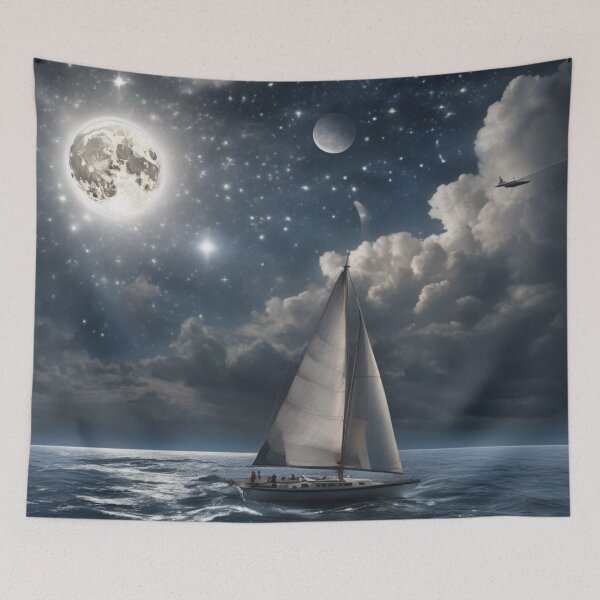 Item preview, Cosmic Fantasy Ocean Sailboat with Twin Moons and Nebula Art designed and sold by UmSkelig834.