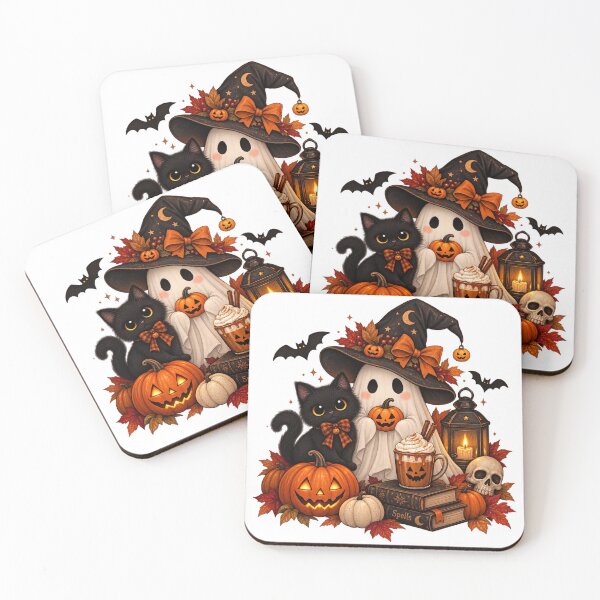 Item preview, Cozy Halloween Ghost and Black Cat with Pumpkins designed and sold by BakersTees.