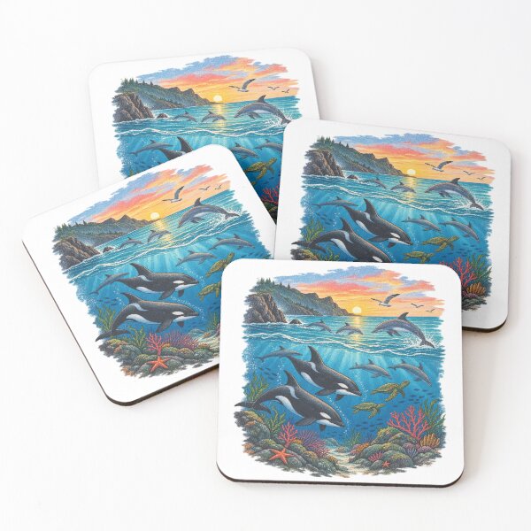 Item preview, Vintage Ocean Wildlife at Sunset Orcas Dolphins and Sea Turtles designed and sold by BakersTees.