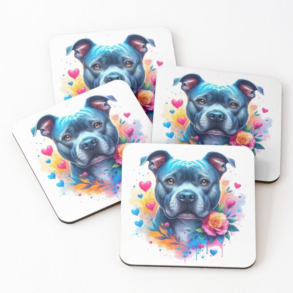Item preview, Blue Staffy Watercolor Portrait with Hearts and Flowers designed and sold by MaedK.