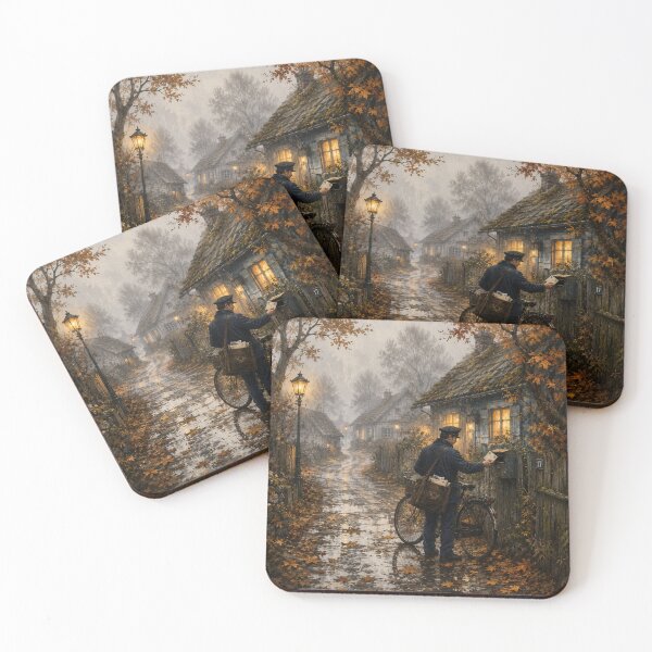 Item preview, autumn street postman delivering mail designed and sold by ArcaneVisionArt.