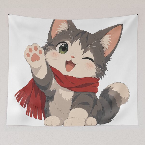 Item preview, Cute Winking Cat Red Scarf Anime Art designed and sold by Gold Turtle  Lina.