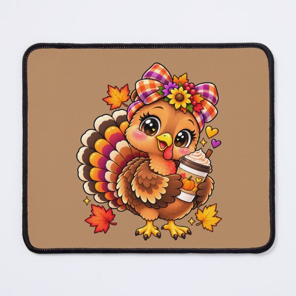 Item preview, Kawaii Thanksgiving Turkey with Pumpkin Spice Coffee, Cute Fall Autumn Turkey with Plaid Bow and Leaves designed and sold by ALH Apparel.
