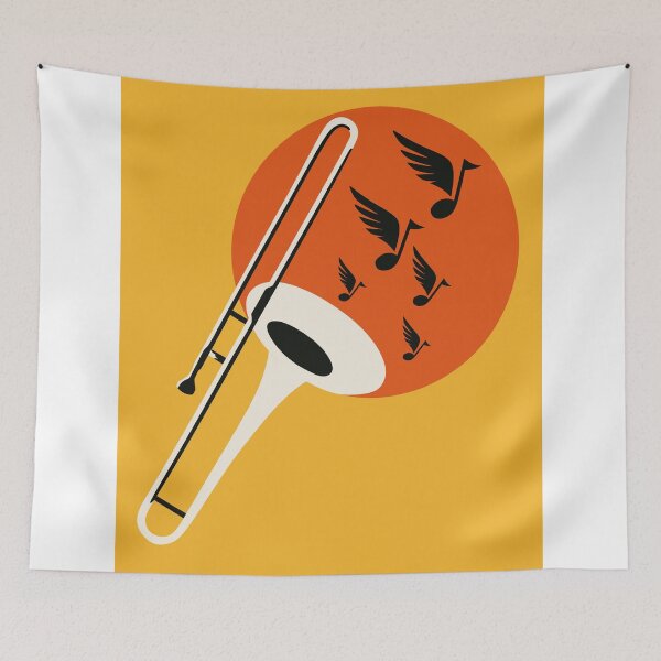 Item preview, Trombone Art Print, Jazz Music Print, Trombone Player Gift, Flying Music Notes Art, Navy Blue and Gold Music Room Decor designed and sold by Studio pod Burom.