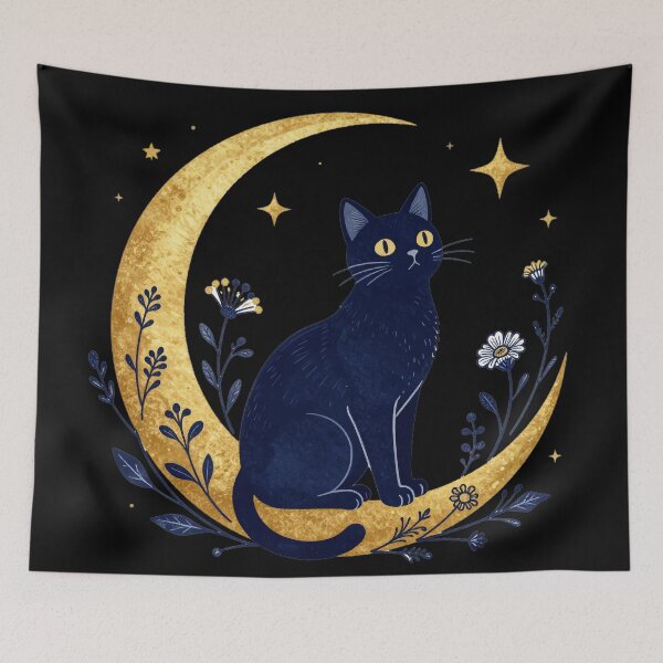 Item preview, Celestial Black Cat Crescent Moon Whimsigoth Art designed and sold by Thompika.