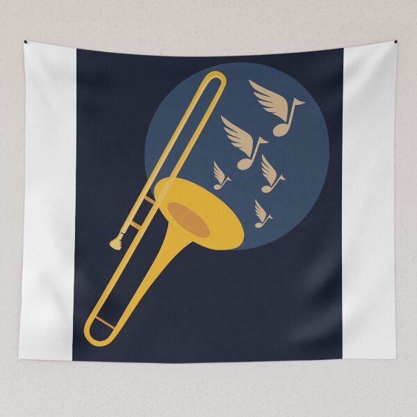 Item preview, Trombone Art Print, Jazz Music Print, Trombone Player Gift, Flying Music Notes Art, Navy Blue and Gold Music Room Decor designed and sold by Studio pod Burom.
