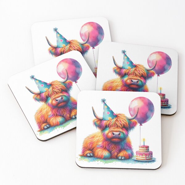 Item preview, Scottish Highland Cow Calf Celebrating a Happy Birthday Colorful Watercolor designed and sold by MaedK.