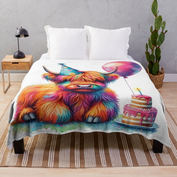 Item preview, Scottish Highland Cow Calf Celebrating a Happy Birthday Colorful Watercolor designed and sold by MaedK.
