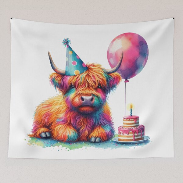Item preview, Scottish Highland Cow Calf Celebrating a Happy Birthday Colorful Watercolor designed and sold by MaedK.