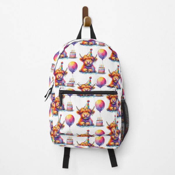 Item preview, Scottish Highland Cow Calf Celebrating a Happy Birthday Colorful Watercolor designed and sold by MaedK.