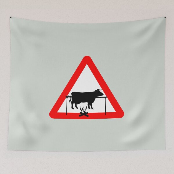 Item preview, Cattle crossing road sign with BBQ graffiti designed and sold by hitNmiss.