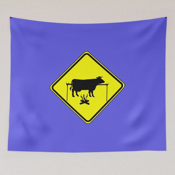 Item preview, Cattle crossing road sign with BBQ graffiti - yellow sign designed and sold by hitNmiss.