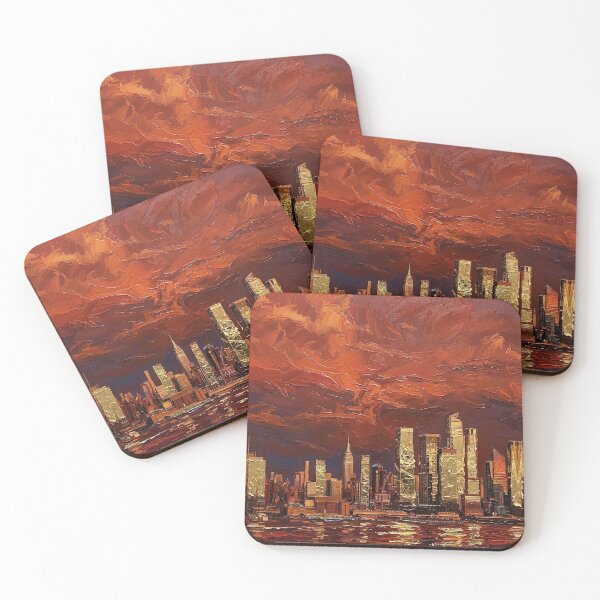 Item preview, Golden Crimson NYC Skyline - Impasto Sunset & Gold Leaf Manhattan Oil Painting designed and sold by CleverCulture.
