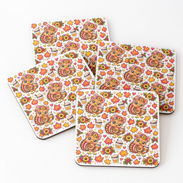 Item preview, Kawaii Thanksgiving Turkey Pattern with Pumpkin Spice Coffee, Cute Fall Leaves Sunflowers and Autumn Hearts designed and sold by ALH Apparel.