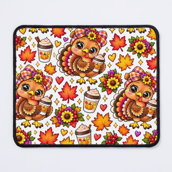 Item preview, Kawaii Thanksgiving Turkey Pattern with Pumpkin Spice Coffee, Cute Fall Leaves Sunflowers and Autumn Hearts designed and sold by ALH Apparel.