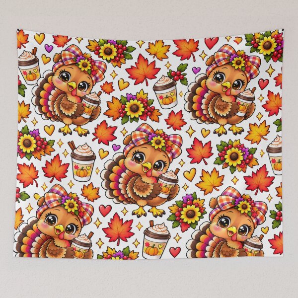 Item preview, Kawaii Thanksgiving Turkey Pattern with Pumpkin Spice Coffee, Cute Fall Leaves Sunflowers and Autumn Hearts designed and sold by ALH Apparel.