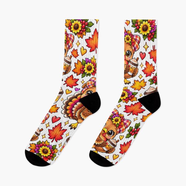 Item preview, Kawaii Thanksgiving Turkey Pattern with Pumpkin Spice Coffee, Cute Fall Leaves Sunflowers and Autumn Hearts designed and sold by ALH Apparel.