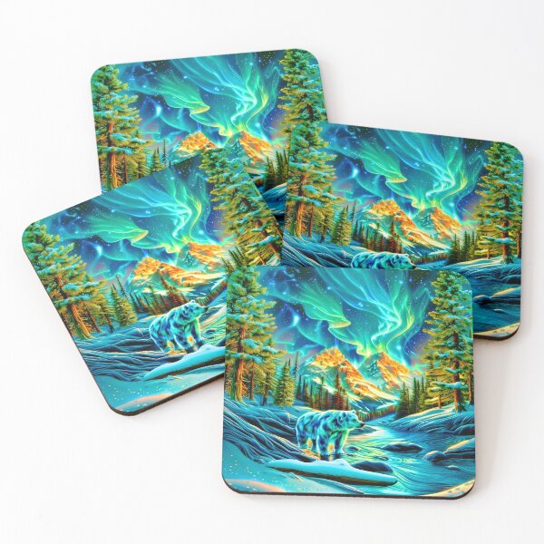Item preview, Winter Bear Under Aurora Borealis  – Snowy Mountain Forest Art designed and sold by MargaretWiktor.