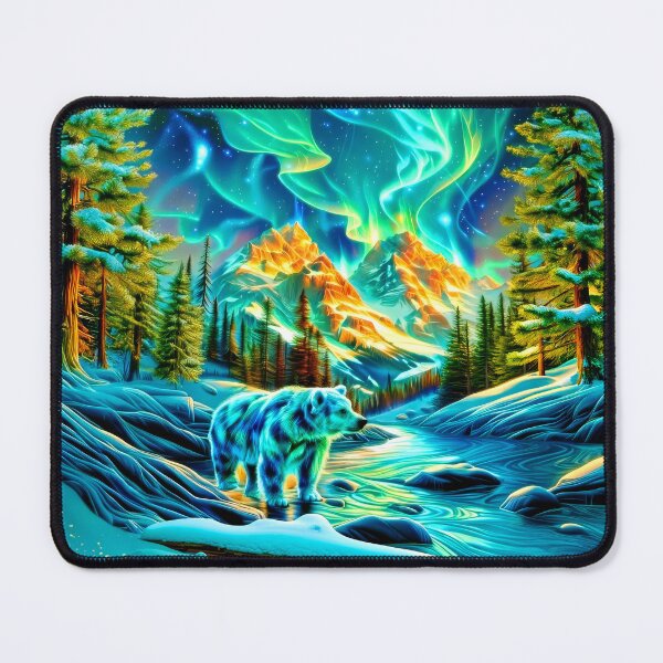 Item preview, Winter Bear Under Aurora Borealis – Snowy Mountain Forest Art designed and sold by MargaretWiktor.