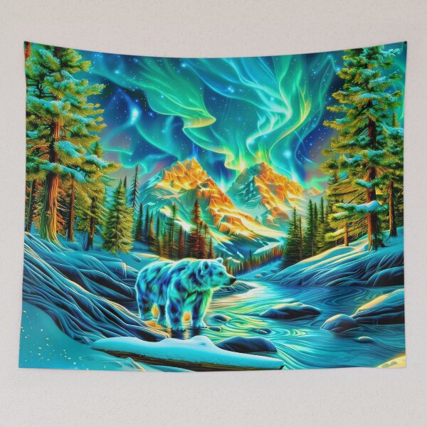 Item preview, Winter Bear Under Aurora Borealis  – Snowy Mountain Forest Art designed and sold by MargaretWiktor.