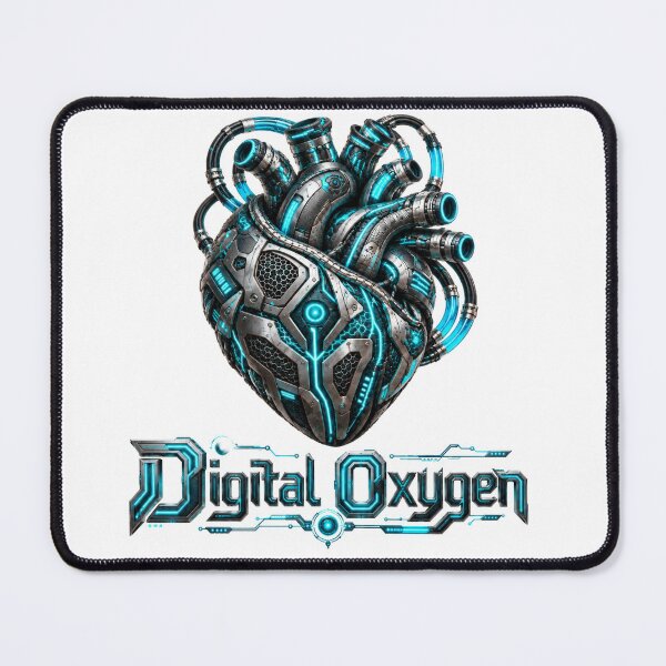 Item preview, Futuristic Cybernetic Heart with Glowing Cyan Tubes and Digital Oxygen Typography designed and sold by DansCreations42.