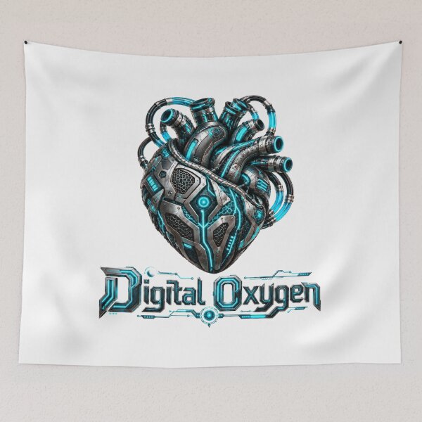 Item preview, Futuristic Cybernetic Heart with Glowing Cyan Tubes and Digital Oxygen Typography designed and sold by DansCreations42.