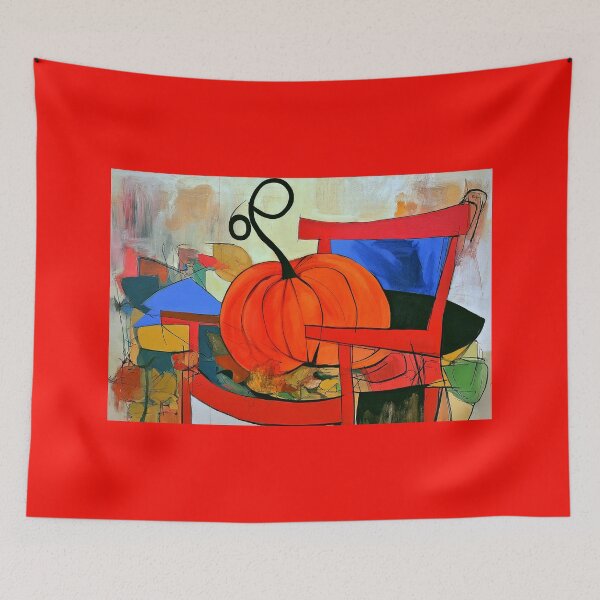 Item preview, Autumn Pumpkin on a Red Chair in Vibrant Abstract Style with Bold Colors and Seasonal Fall Energy designed and sold by OlfactoART Studio.