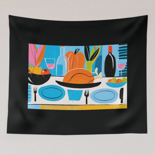 Item preview, Vibrant Thanksgiving Feast Table with Roasted Turkey, Colorful Fruits and Festive Food and Drink designed and sold by OlfactoART Studio.