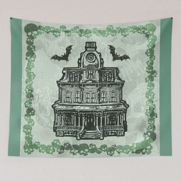 Item preview, Haunted Victorian Mansion Bats Gothic House Woodcut Green designed and sold by Ghoul Enterprises.