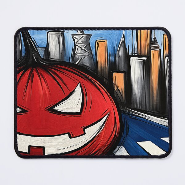 Item preview, Grinning Halloween Pumpkin Over a Modern City Skyline with Vibrant Urban Night Energy designed and sold by OlfactoART Studio.