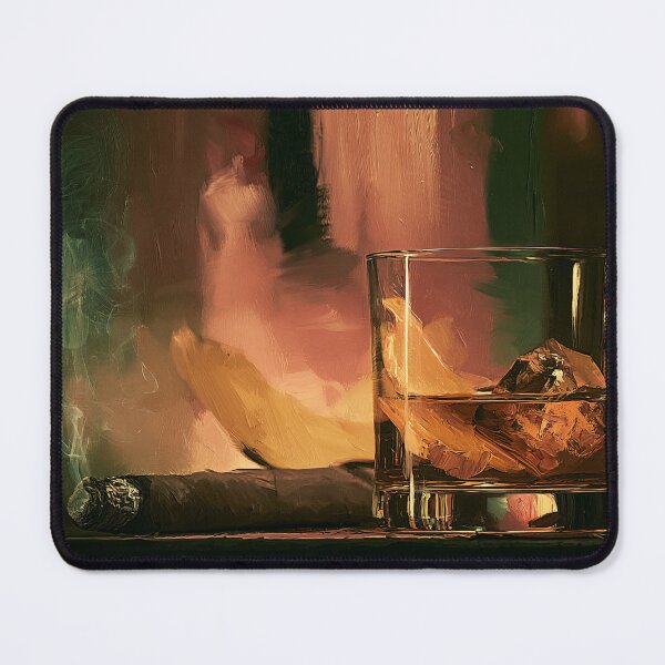 Item preview, Whiskey with Large Ice Cube and Lit Cigar in Warm Dim Lighting for a Relaxing Evening Atmosphere designed and sold by OlfactoART Studio.