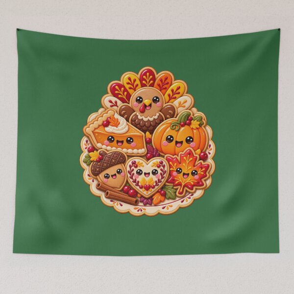 Item preview, Kawaii Thanksgiving Cookie Platter with Turkey, Pumpkin Pie, Acorn and Fall Leaf Cookies designed and sold by ALH Apparel.
