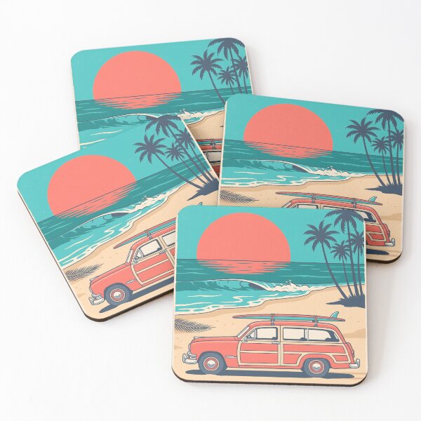 Item preview, Vintage Red Woodie with Surfboard by the Sea – Retro Surf & Beach Design designed and sold by Sea Gem.