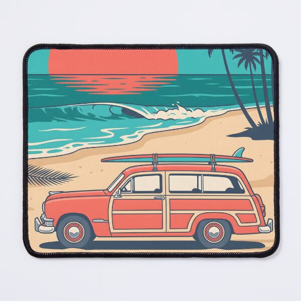 Item preview, Vintage Red Woodie with Surfboard by the Sea – Retro Surf & Beach Design designed and sold by Sea Gem.