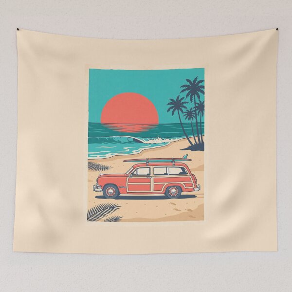 Item preview, Vintage Red Woodie with Surfboard by the Sea – Retro Surf & Beach Design designed and sold by Sea Gem.