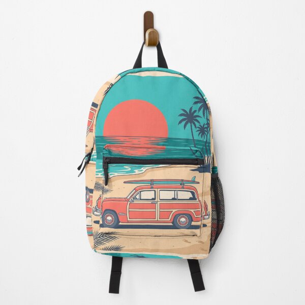 Item preview, Vintage Red Woodie with Surfboard by the Sea – Retro Surf & Beach Design designed and sold by Sea Gem.