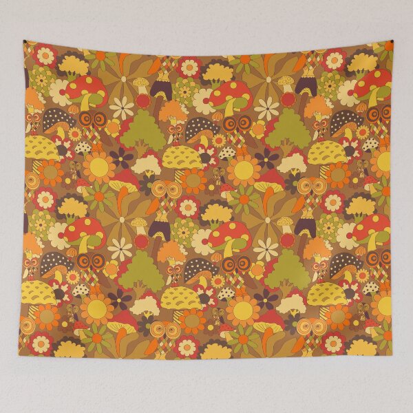 Item preview, Retro Owl and Mushroom Forest in Rust and Goldenrod designed and sold by YesterdayColl.