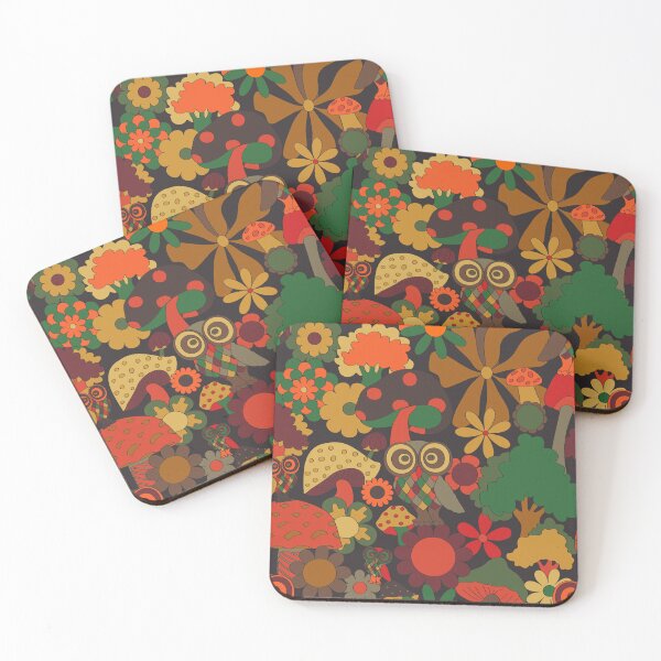 Item preview, Retro Owl and Mushroom Forest in Green and Brown designed and sold by YesterdayColl.