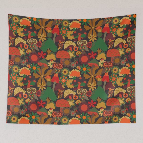 Item preview, Retro Owl and Mushroom Forest in Green and Brown designed and sold by YesterdayColl.