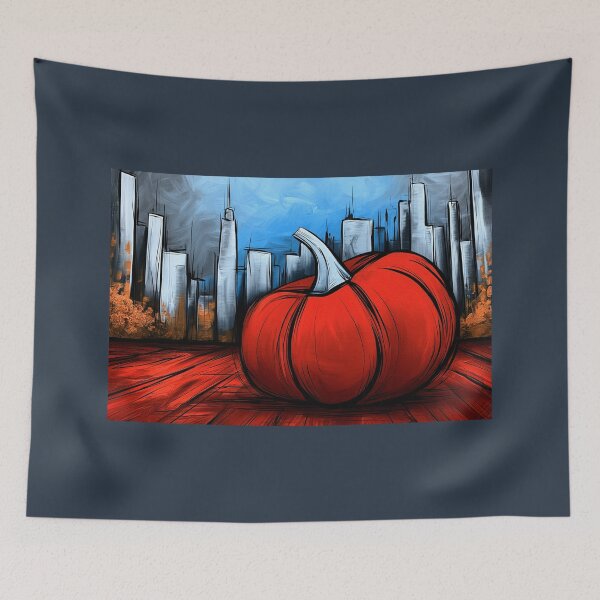 Item preview, Vibrant Red Pumpkin Among Tall Skyscrapers Blending Autumn Harvest Charm with Modern Urban Cityscape designed and sold by OlfactoART Studio.