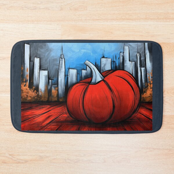 Item preview, Vibrant Red Pumpkin Among Tall Skyscrapers Blending Autumn Harvest Charm with Modern Urban Cityscape designed and sold by OlfactoART Studio.