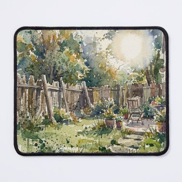 Item preview, Sunlit Watercolor Backyard Garden – Cozy Rustic Fence & Patio Chair Art designed and sold by EllDAV777.