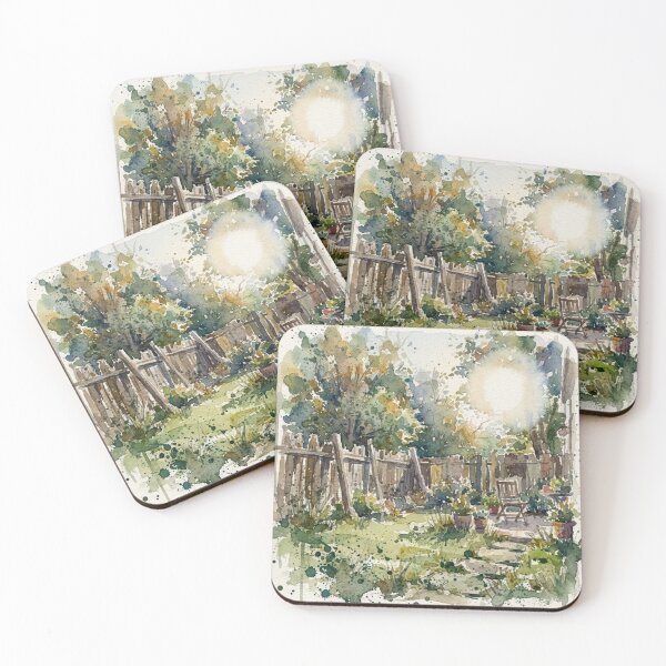Item preview, Sunlit Watercolor Backyard Garden – Cozy Rustic Fence & Patio Chair Art designed and sold by EllDAV777.