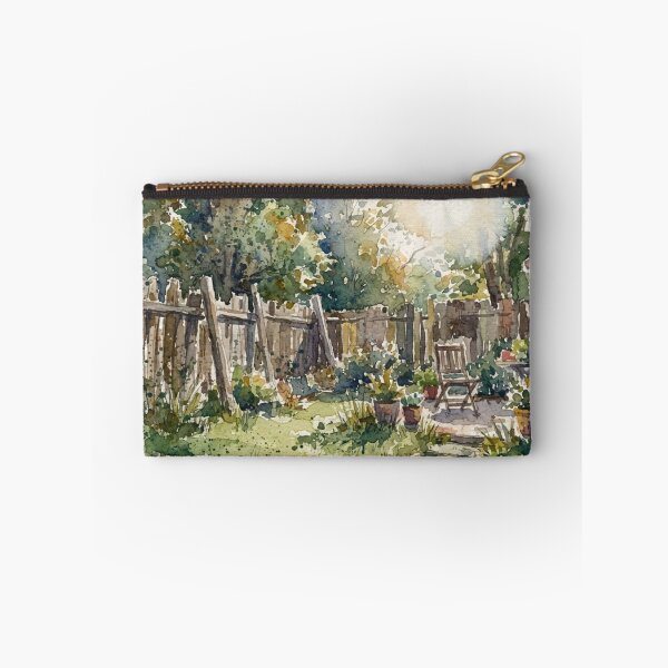 Item preview, Sunlit Watercolor Backyard Garden – Cozy Rustic Fence & Patio Chair Art designed and sold by EllDAV777.