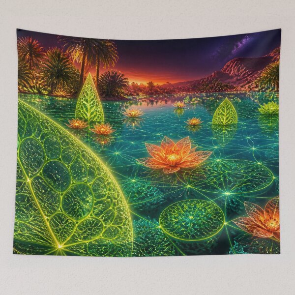 Item preview, Bioluminescent Oasis Pond with Glowing Lotus Flowers designed and sold by monkeybusiness.pt.