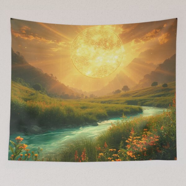 Item preview, Golden Flower of Life Sun Over Sacred Mountain River designed and sold by monkeybusiness.pt.