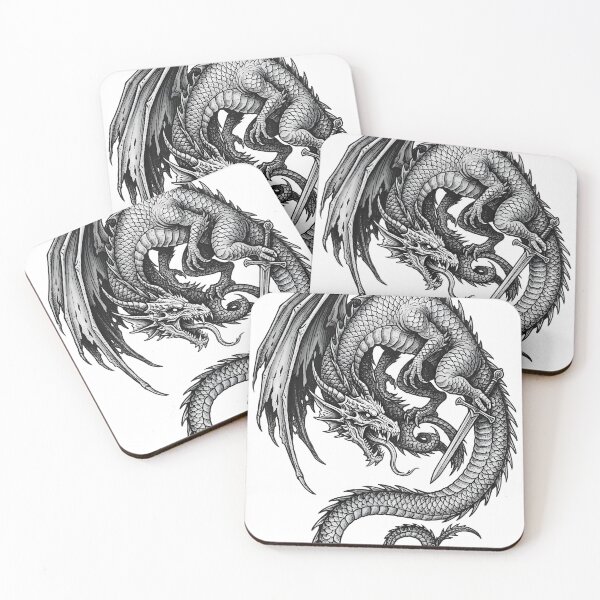 Item preview, Dragon and Sword - Coiled Serpentine Ink Illustration designed and sold by DragonSerpent Ink.