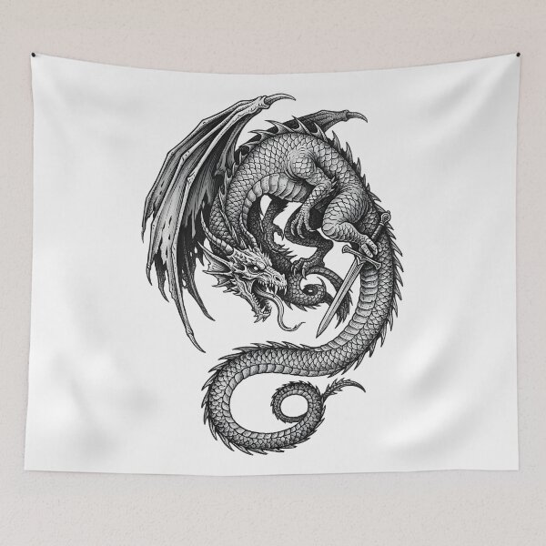 Item preview, Dragon and Sword - Coiled Serpentine Ink Illustration designed and sold by DragonSerpent Ink.