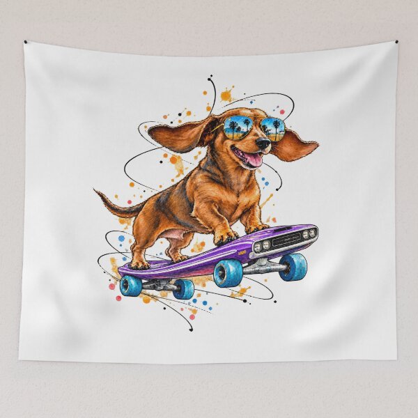Item preview, Dachshund Wheelie on a Purple Muscle Car Skateboard designed and sold by Russell Thorne.